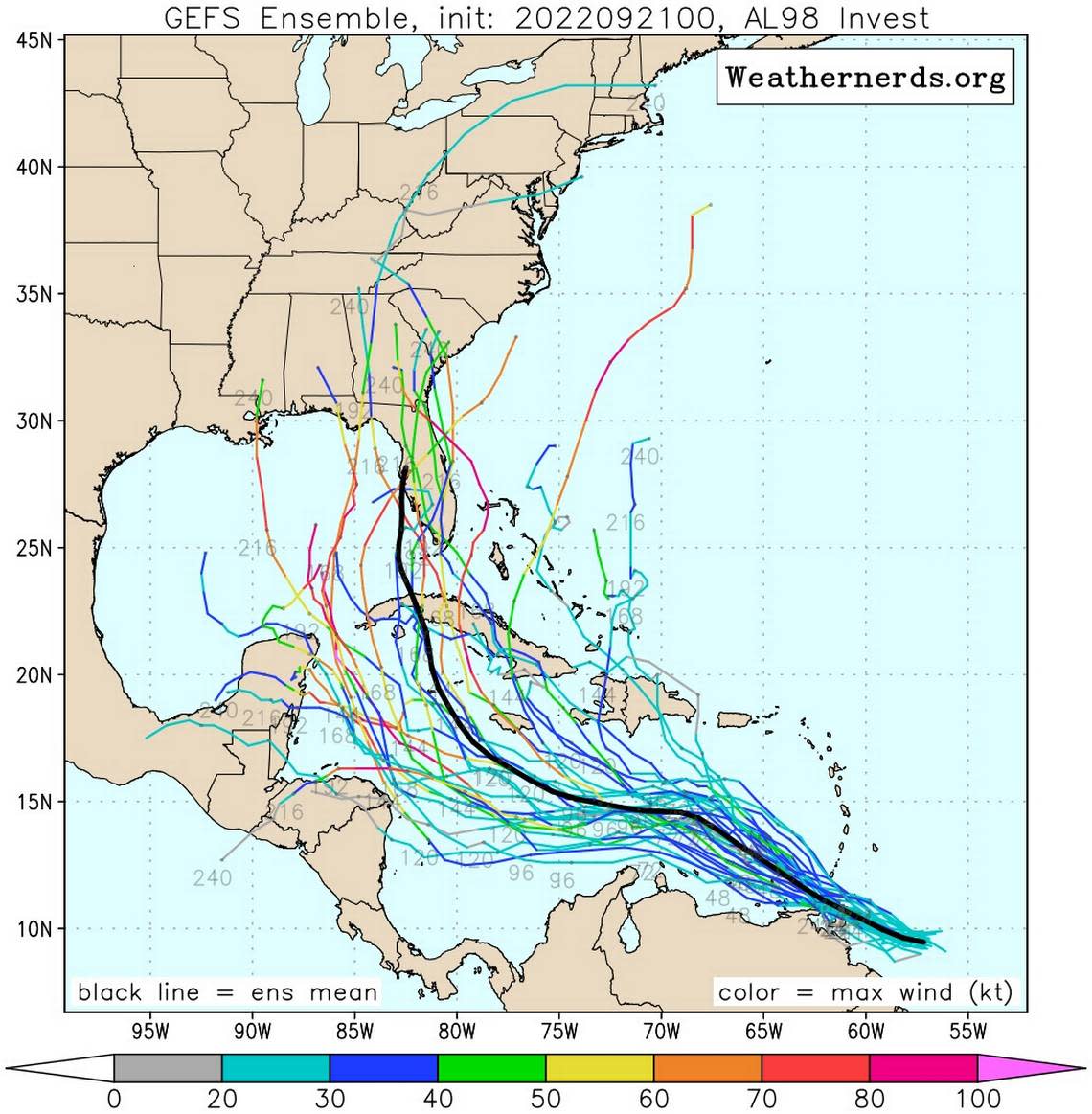 This image shows the morning GEFS ensemble, which includes multiple runs of the American GFS computer model, for invest 98 on September 21, 2022. The black line in the center is the ensemble mean, the center of all the predictions.
