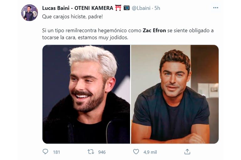 Uno de los tuits que se hicieron eco del cambio estético de Zac Efron