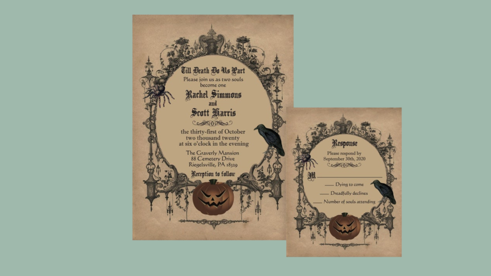 Spine-chilling and sophisticated Halloween wedding invitations.