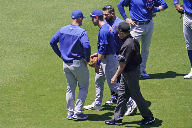 Chicago Cubs first baseman Alfonso Rivas warms up during the ninth inning  of a baseball game against the Arizona Diamondbacks Friday, May 13, 2022,  in Phoenix. The Diamondbacks won 4-3. (AP Photo/Ross