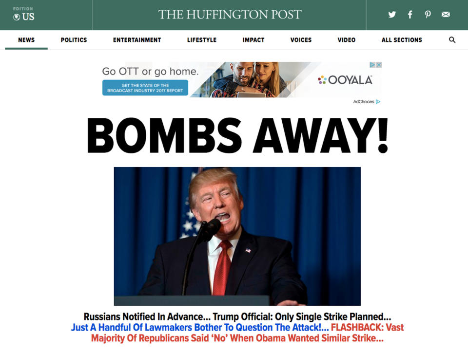 World response in headlines to U.S. Syria Strikes: Huffington Post