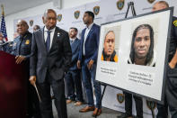 Houston Police Chief Troy Finner, left, and Mayor Sylvester Turner announce an arrest in connection with the fatal shooting Kirsnick Khari Ball, commonly known as Migos rapper Takeoff, during a news conference on Friday, Dec. 2, 2022, in Houston. Police announced the arrest of Patrick Xavier Clark, 33, who has been charged with murder in the case. (Brett Coomer/Houston Chronicle via AP)