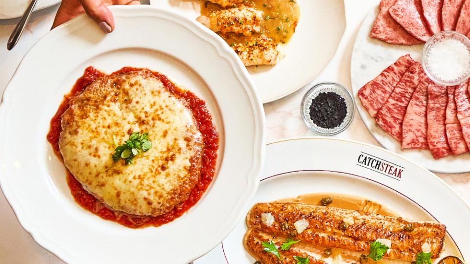 The menu includes seafood and even a soy-based vegetarian “chicken” parm. - Credit: Catch Restaurants