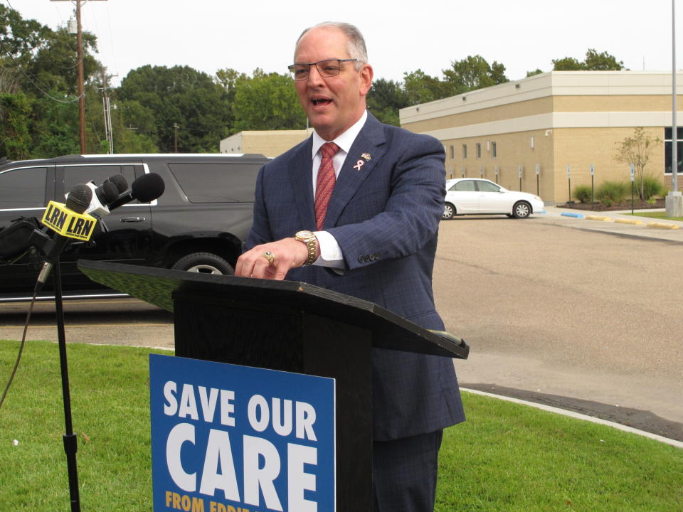 FILE - Louisiana Gov. John Bel Edwards, a Democrat seeking a second term in office, criticizes his Republican opponent Eddie Rispone's proposal to "freeze" enrollment in the state's Medicaid expansion program, Oct. 17, 2019, in Baton Rouge, La. Edwards, currently the lone Democratic governor in the Deep South, has reached his final days in office after eight years. His tenure, which ends Monday, Jan. 8, 2024, has been marked by successes — expanding Medicaid, joining climate change initiatives, climbing out of a budget deficit and investing in education — while navigating historical crises and facing challenges from a GOP-dominated legislature. (AP Photo/Melinda Deslatte, File)