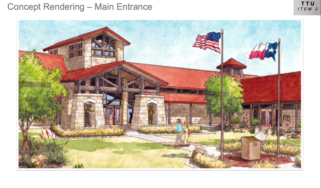 Concept Rendering of the National Ranching Heritage Center’s Red Steagall Institute of Traditional Western Arts main entrance.