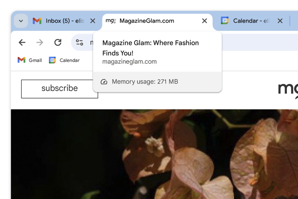 Screenshot from an upcoming version of Chrome with more detailed Memory Saver. Three tabs are open. The highlighted one shows a website called Magazine Glam using 271 MB of memory.