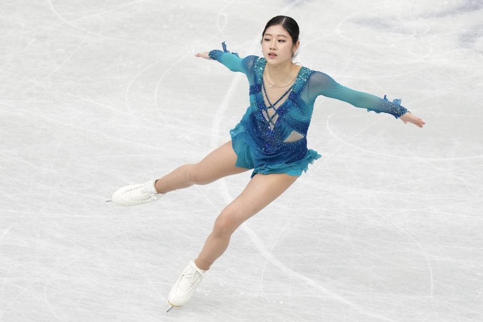 Lee Hae-in of South Korea performs during the women's short program in the World Figure Skating Championships in Saitama, north of Tokyo, Wednesday, March 22, 2023. (AP Photo/Hiro Komae)