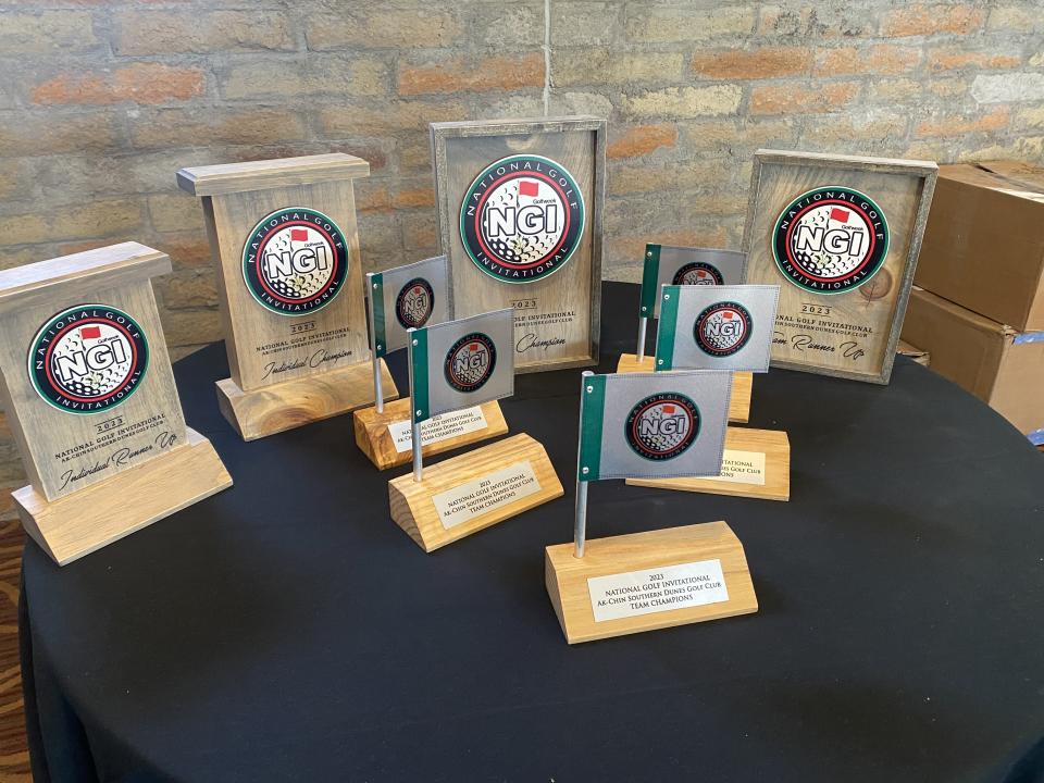 Trophies for the 2023 Men’s National Golf Invitational. (Photo: Cameron Jourdan/Golfweek)