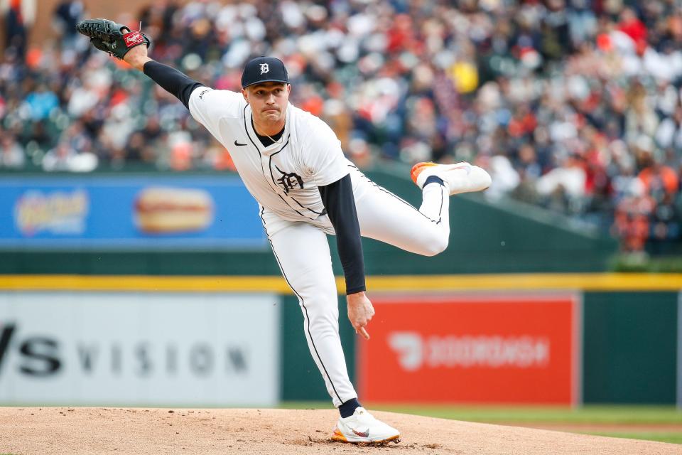 Detroit Tigers pitcher Tarik Skubal (29) delivers a pitch against Oakland Athletics during the first inning of the home opening day at Comerica Park in Detroit on Friday, April 5, 2024.