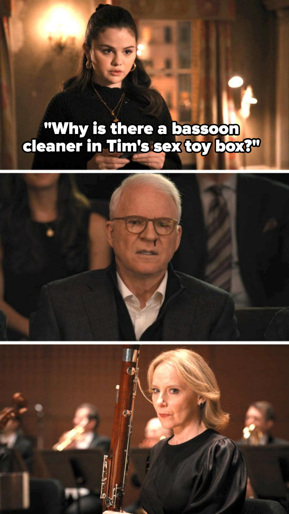 Mabel asks why there's a bassoon cleaner in tim's sex toy box, as Charles makes eye contact with an angry jan at her concert