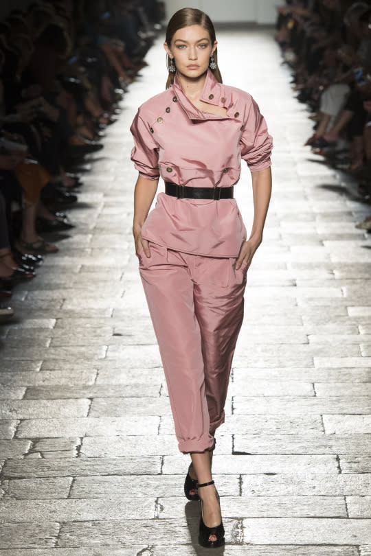 A model in the Bottega Veneta Spring 2017 runway show in Milan. 