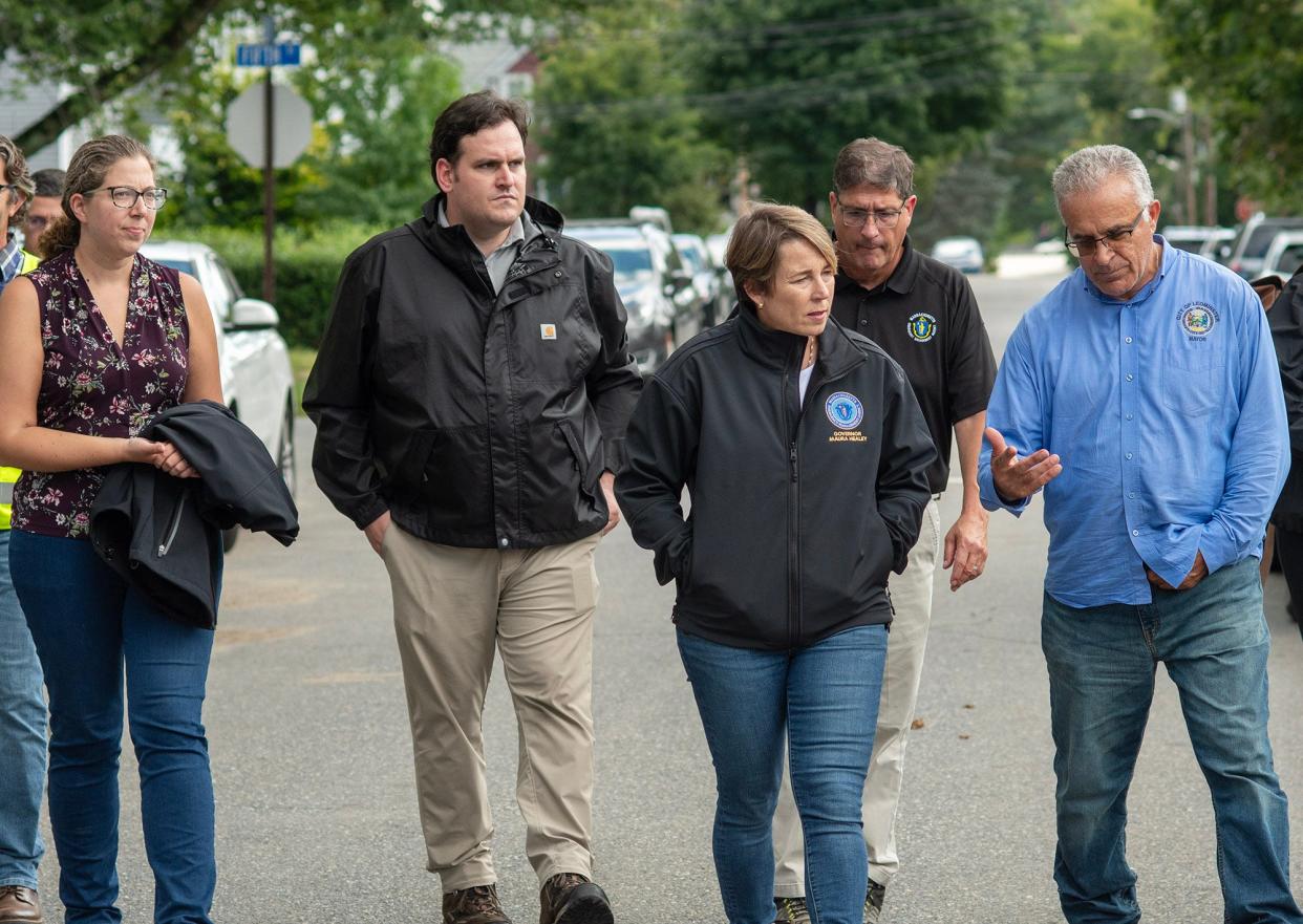 Mayor Dean Mazzarella examines damage to Leominster infrastructure in September with Gov. Maura Healey and state officials. The community has submitted its request for a federal disaster declaration, forwarded to the Biden Administration Monday by the governor.