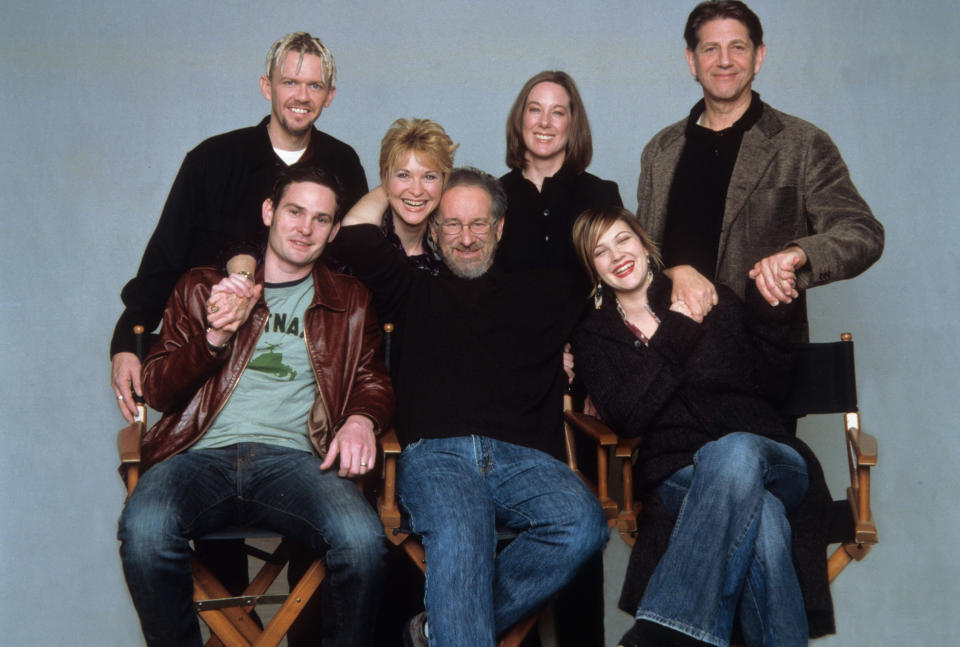 Robert MacNaughton, Henry Thomas, Dee Wallace, Steven Spielberg, Kathleen Kennedy, Drew Barrymore, and Peter Coyote publicity portrait for the re-release of film 'E.T. The Extra-Terrestrial', 2002. (Photo by Universal/Getty Images)