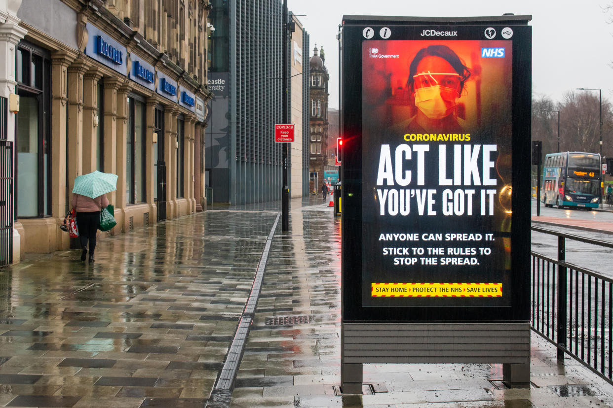 General view of the Covid-19 'Stay Home Save Lives' publicity campaign poster in Newcastle upon Tyne in the north of england during the third national lockdown. (Photo by Nicolas Briquet / SOPA Images/Sipa USA)