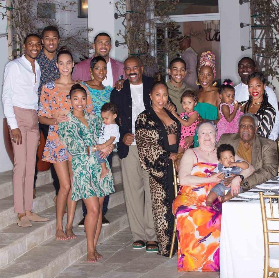 <p>Everybody in! Steve Harvey and wife Marjorie were all smiles with their seven kids – Brandi, Karli and her husband Ben, Morgan and her husband Kareem, Broderick, Jason and his wife Amanda, Lori and Wynton – plus Marjorie's parents and four of their grandbabies, for a group shot during a tropical trip in 2017.</p> <p>Brandi, Karli and Broderick are from Harvey's first marriage, and Wynton is from his second. He adopted Marjorie's kids Morgan, Jason and Lori after the two wed in 2007.</p> <p>"Family is my reason why, I work to leave a legacy and hopefully the world a better place for them," Harvey once said.</p> <p>In celebration of the star's 66th birthday, see some of his proudest family moments. </p>