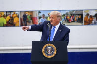 President Donald Trump delivers remarks on the "Farmers to Families Food Box Program" at Flavor First Growers and Packers, Monday, Aug. 24, 2020, in Mills River, N.C. (AP Photo/Nell Redmond)