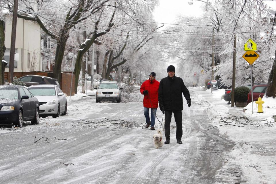 Residents tread ice-covered road as the walk dogs after freezing rain in Toronto