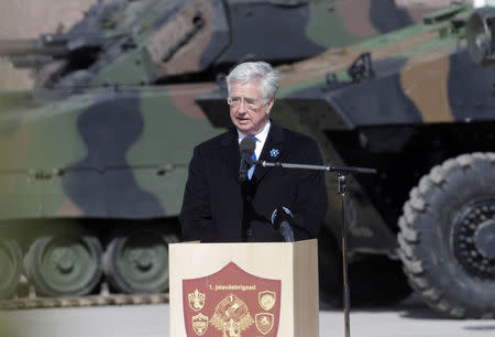 Britain's Defence Secretary Michael Fallon speaks during the official ceremony welcoming the deployment of a multi-national NATO battalion in Tapa, Estonia, April 20, 2017. REUTERS/Ints Kalnins