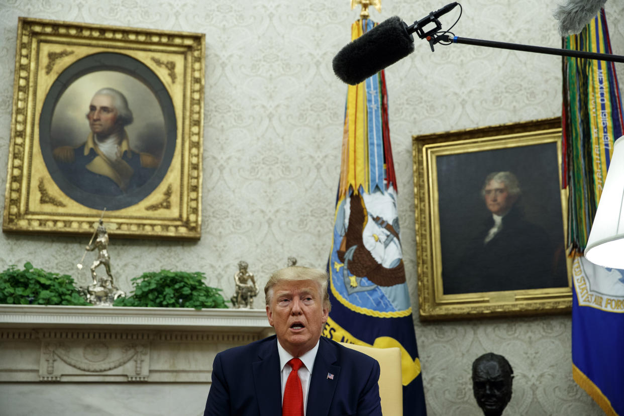 President Donald Trump talks about a plan to ban most flavored e-cigarettes, in the Oval Office of the White House, Wednesday, Sept. 11, 2019, in Washington. (AP Photo/Evan Vucci)
