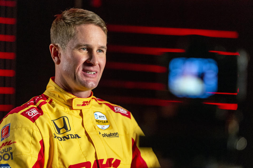 IndyCar driver Ryan Hunter-Reay is interviewed during IndyCar auto racing media day, Monday, Feb. 11, 2019, in Austin, Texas. (AP Photo/Stephen Spillman)