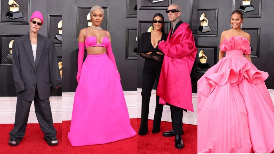 Justin Beiber in hot pink beanie; Saweetie pink bra, arm-length gloves and wide skirt; Travis Barker in pink long coat and Chrissy Teigen in pink ruffled ball gown on the Grammys red carpet.