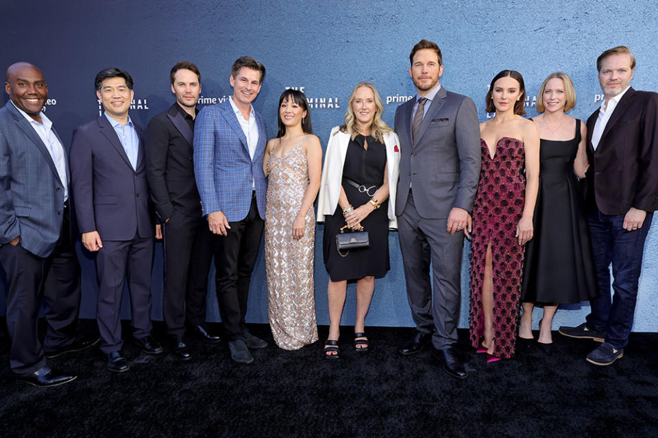 Vp and head of TV at Amazon Studios Vernon Sanders, vp and COO at Amazon Studios Albert Cheng, Taylor Kitsch, senior vp of Amazon Video and Studios Mike Hopkins, Constance Wu, head of Amazon Studios Jennifer Salke, Chris Pratt, Tyner Rushing, and head of US TV Development at Amazon Studios Marc Resteghini - Credit: Amy Sussman/Getty Images