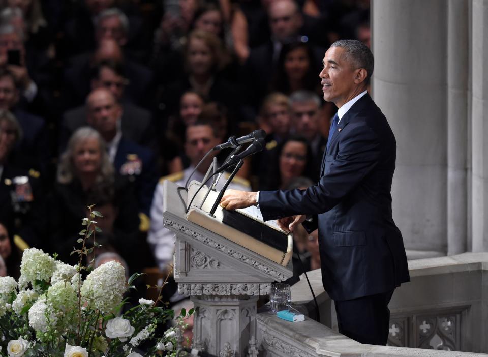 Former U.S. President Barack Obama speaks during a memorial service for U.S. Senator John McCain at the Washington National Cathedral in Washington, DC, on Sept. 1, 2018.