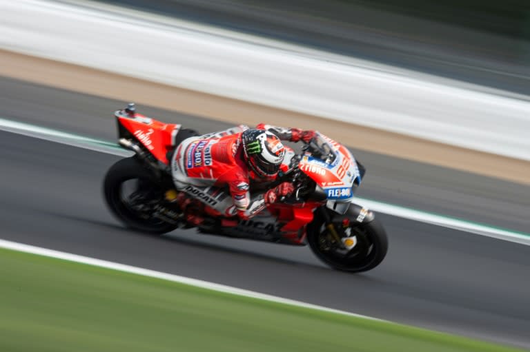 Spanish MotoGP rider Jorge Lorenzo practises for the British Grand Prix at Silverstone