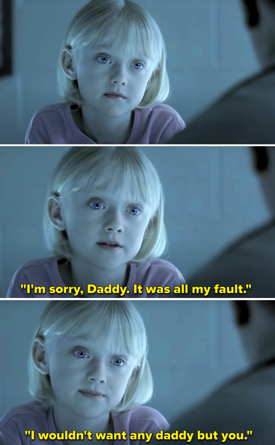 Lucy saying, "I'm sorry, Daddy; it was all my fault" and "I wouldn't want any daddy but you"