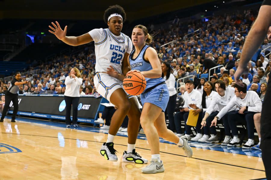 LOS ANGELES, CALIFORNIA – MARCH 25: Christeen Iwuala #22 of the UCLA Bruins defends as Kennedy Townsend #2 of the Creighton Bluejays dribbles during the second round of the 2024 NCAA Women’s Basketball Tournament held at UCLA Pauley Pavilion on March 25, 2024 in Los Angeles, California. (Photo by John W. McDonough/NCAA Photos via Getty Images)