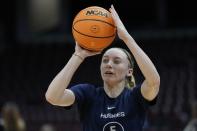 UConn's Paige Bueckers shoots during a practice for an NCAA Women's Final Four semifinals basketball game Thursday, April 4, 2024, in Cleveland. (AP Photo/Morry Gash)