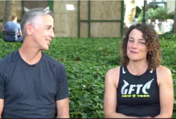 Four years after Sara Kate Gillingham donated part of her liver to her friend Dave Kane, they'll be running the New York City Marathon together on November 7, 2021. / Credit: CBS News