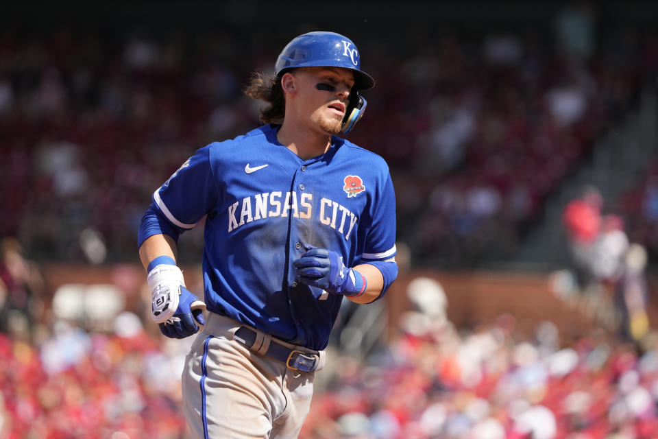 Kansas City Royals' Bobby Witt Jr. rounds the bases after hitting a solo home run during the ninth inning of a baseball game against the St. Louis Cardinals Monday, May 29, 2023, in St. Louis. (AP Photo/Jeff Roberson)