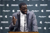 Former Michigan State and current Golden State Warriors player Draymond Green talks to reporters before an NCAA college basketball game between Michigan State and Duke, Tuesday, Dec. 3, 2019, in East Lansing, Mich. (AP Photo/Al Goldis)