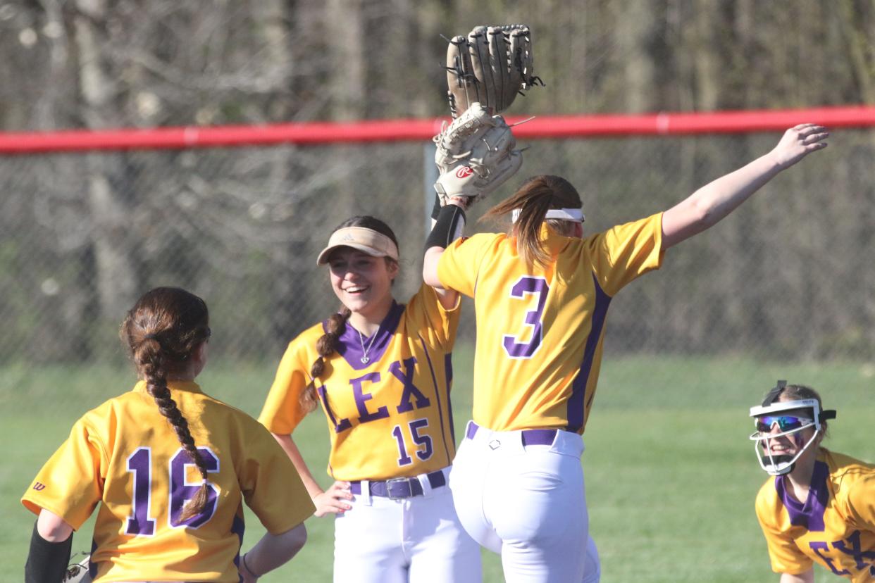 Lexington's Kaylie Eichorn celebrates with teammates as Lady Lex knocked off Shelby last week, 7-1.