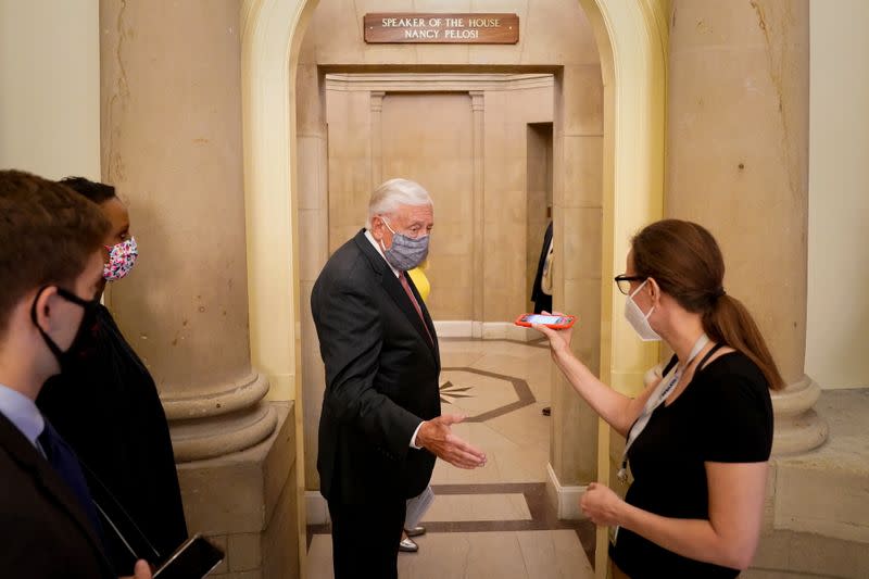 House Majority Leader Steny Hoyer speaks to reporters outside Speaker of the House Nancy Pelosi's office in the U.S. Capitol in Washington