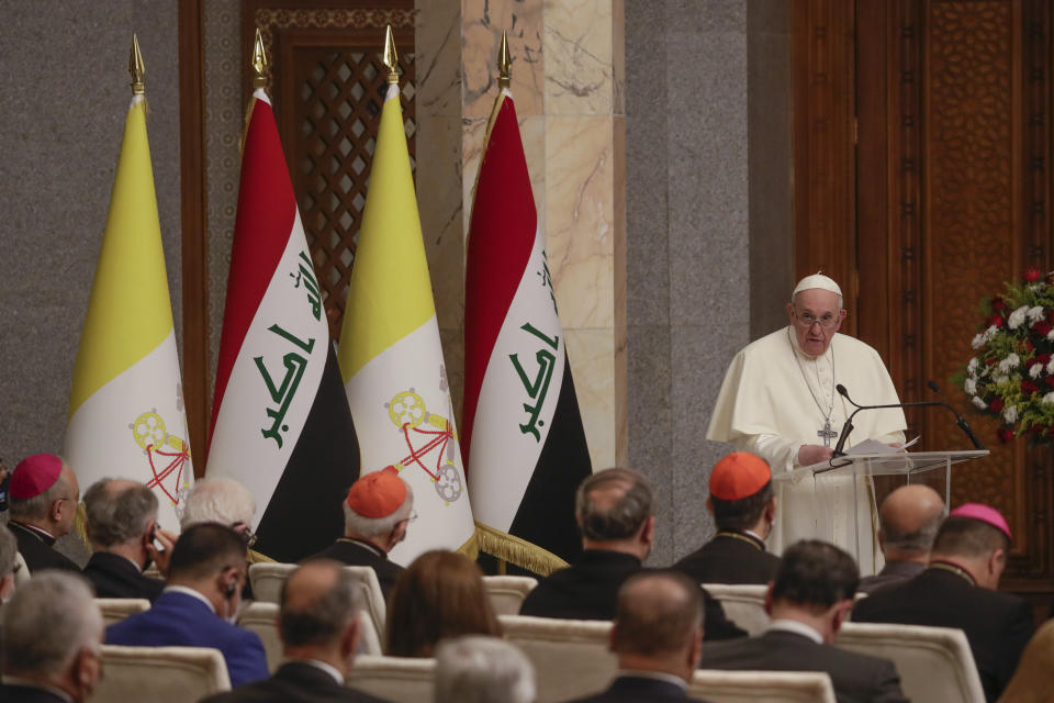 Pope Francis delivers his speech at Baghdad's Presidential Palace, Iraq, Friday, March 5, 2021. Pope Francis has arrived in Iraq to urge the country's dwindling number of Christians to stay put and help rebuild the country after years of war and persecution, brushing aside the coronavirus pandemic and security concerns. (AP Photo/Andrew Medichini)