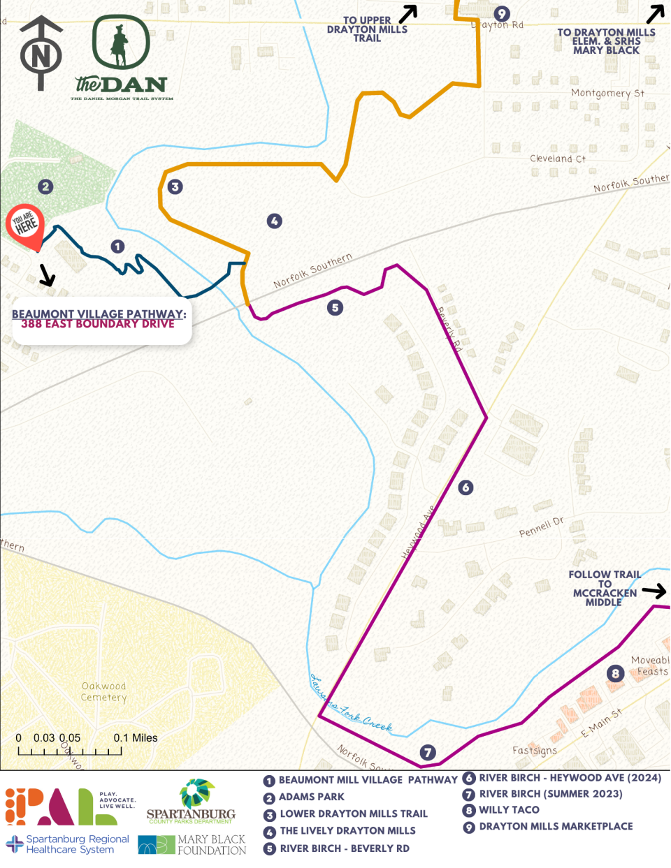 Map of the new Beaumont Mill Village Pathway and its connections.