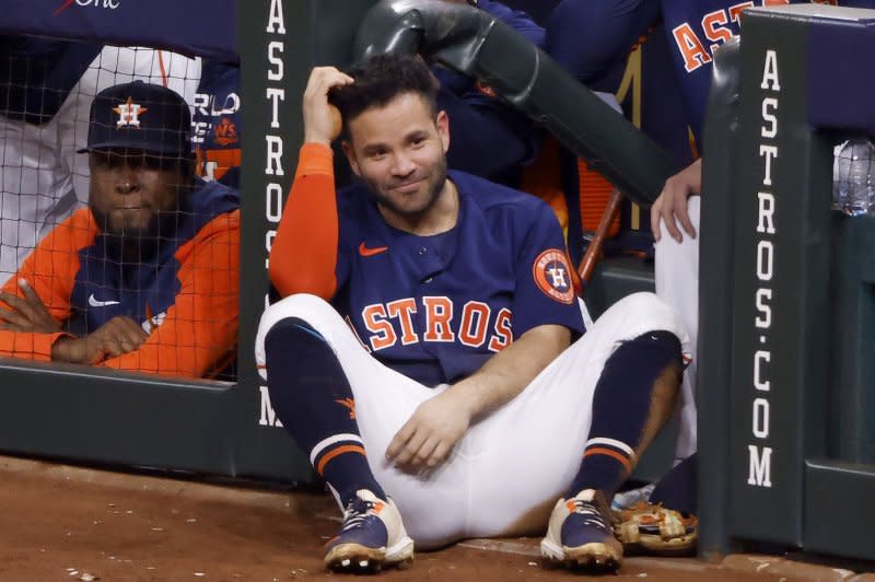 Houston Astros second baseman Jose Altuve hit home runs through his first three at-bats in a blowout of the Texas Rangers on Tuesday in Arlington, Texas. File Photo by John Angelillo/UPI