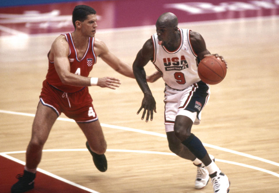 USA Dream Team's Michael Jordan is defended by Croatia's Dražen Petrović in the men's gold medal game during the 1992 Barcelona Olympics. NBA greats like LeBron James and Reggie Miller said he was one of the greatest shooters they ever saw.