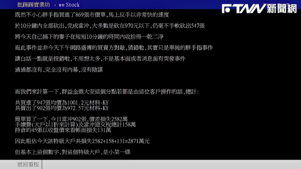 原PO分析，若群益金鼎大安這個分點都是由這位客戶操作的話，粗估共損失了2871萬元。（圖／翻攝PTT）