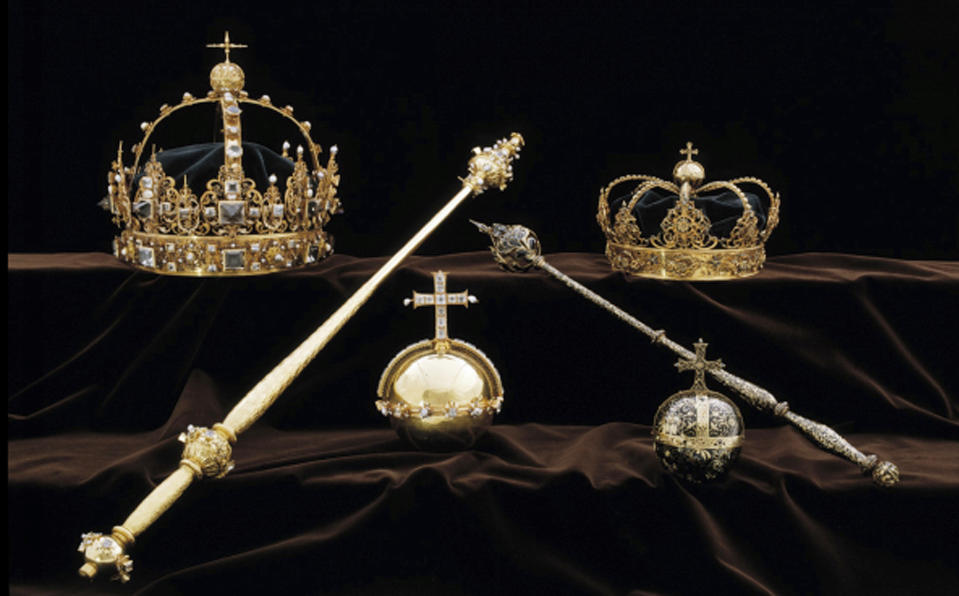 This image made available on Wednesday Aug. 1, 2018 by the Swedish Police, shows a collection of Swedish Crown jewels. Thieves in Sweden walked into a small town's medieval cathedral in broad daylight and stole priceless crown jewels dating back to the early 1600s before escaping by speedboat, police said Wednesday. (Swedish Police via AP)