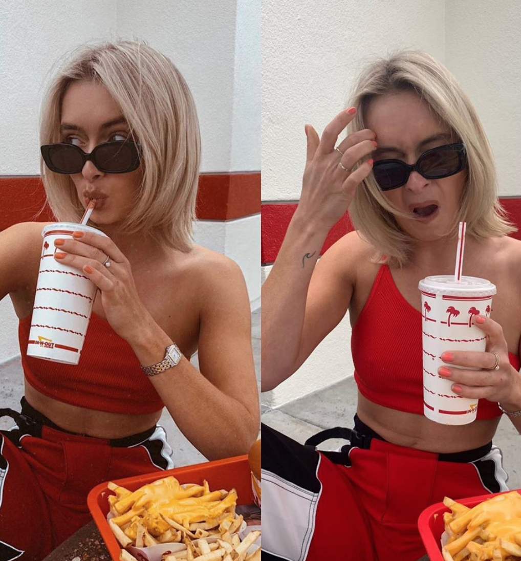 Rianne Meijer eating chips and burger and drinking shake