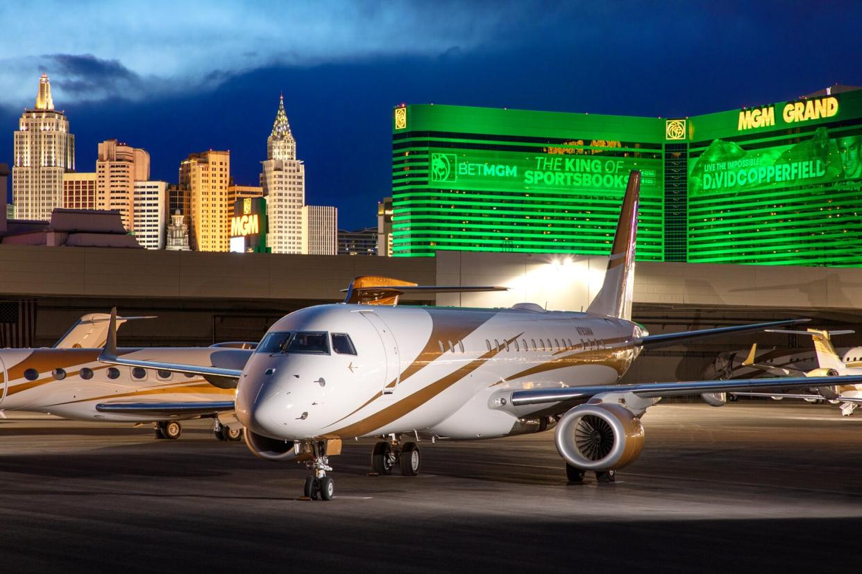 Exterior of the MGM Grand and a private plane