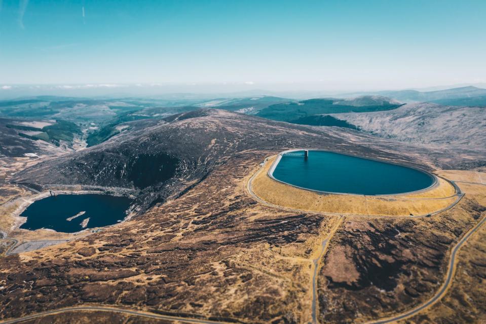 Pumped hydro relies on two reservoirs at different elevations, as visible in the Turlough Hill pumped hydro scheme in Ireland. Shutterstock