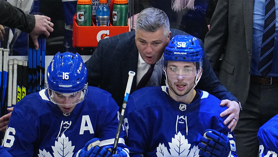 Sheldon Keefe and Michael Bunting (58) were under the microscope after an incident on the Leafs' bench on Sunday. (John E. Sokolowski-USA TODAY Sports)