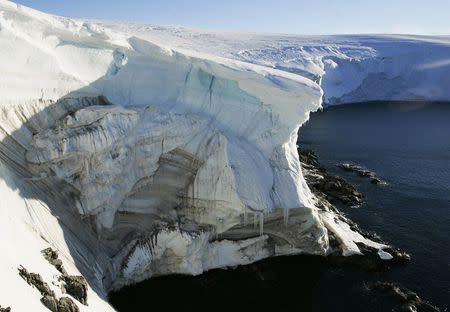 Melting ice shows through at a cliff face at Landsend, on the coast of Cape Denison in Antarctica January 2, 2010. REUTERS/Pauline Askin