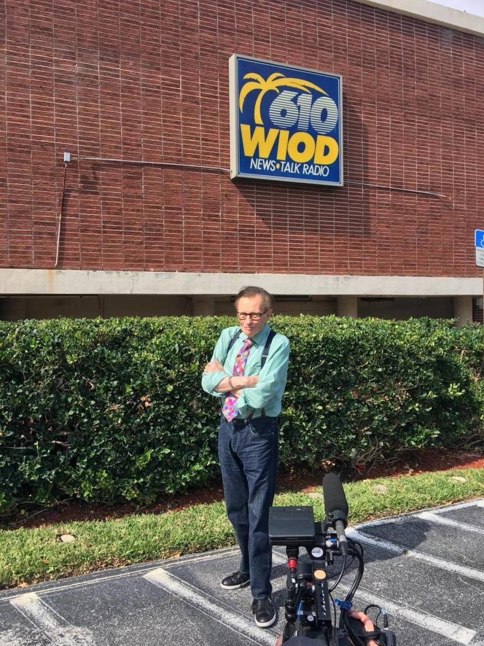 Larry King revisited the site of one of his first jobs in radio, the old WIOD studios in North Bay Village, in April 2017.