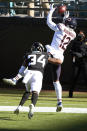 Jacksonville Jaguars cornerback Greg Mabin (34) breaks up a pass intended for Chicago Bears wide receiver Allen Robinson II (12) during the first half of an NFL football game, Sunday, Dec. 27, 2020, in Jacksonville, Fla. (AP Photo/Stephen B. Morton)