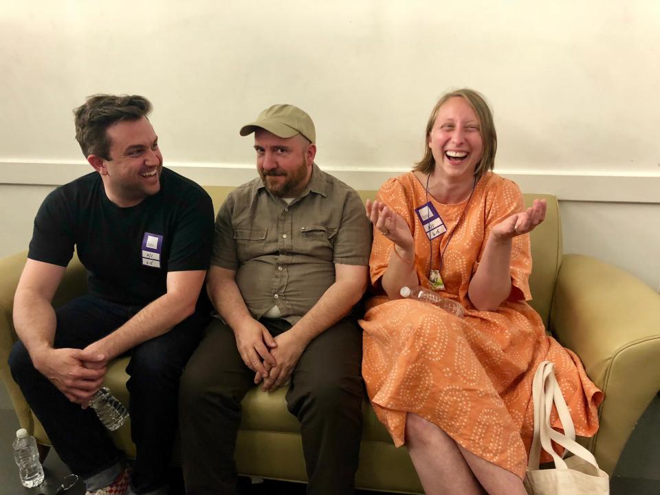 Mike Fusco-Straub, Stephin Merritt, and Emma Straub.